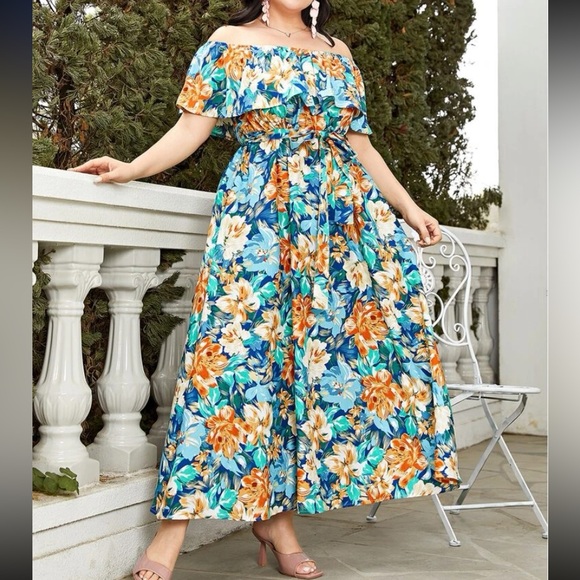 Plus size floral print off shoulder belted ruffle trim maxi dress